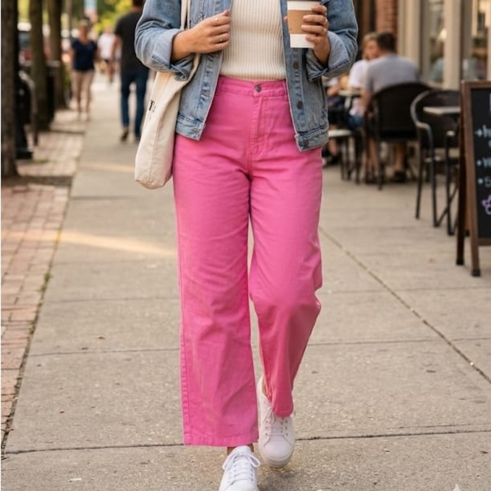 SHEIN High-Rise Straight Jeans in Bright Pink